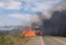 BR-364: fogo em vegetação atinge carreta que estava estacionada as margens de rodovia em RO