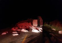 BR é interditada sem previsão de liberação após carreta tombar e espalhar carga de trigo em Candeias do Jamari