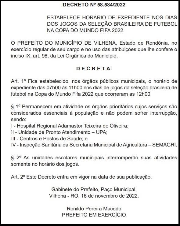 Decreto Municipal: Horários em dias de jogos da Copa do Mundo FIFA 2022 -  Prefeitura Municipal de General Carneiro