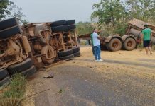 VÍDEO: tombamento de carreta carregada com grãos é registrado na “Curva da Banana” na BR-435 próximo a Colorado